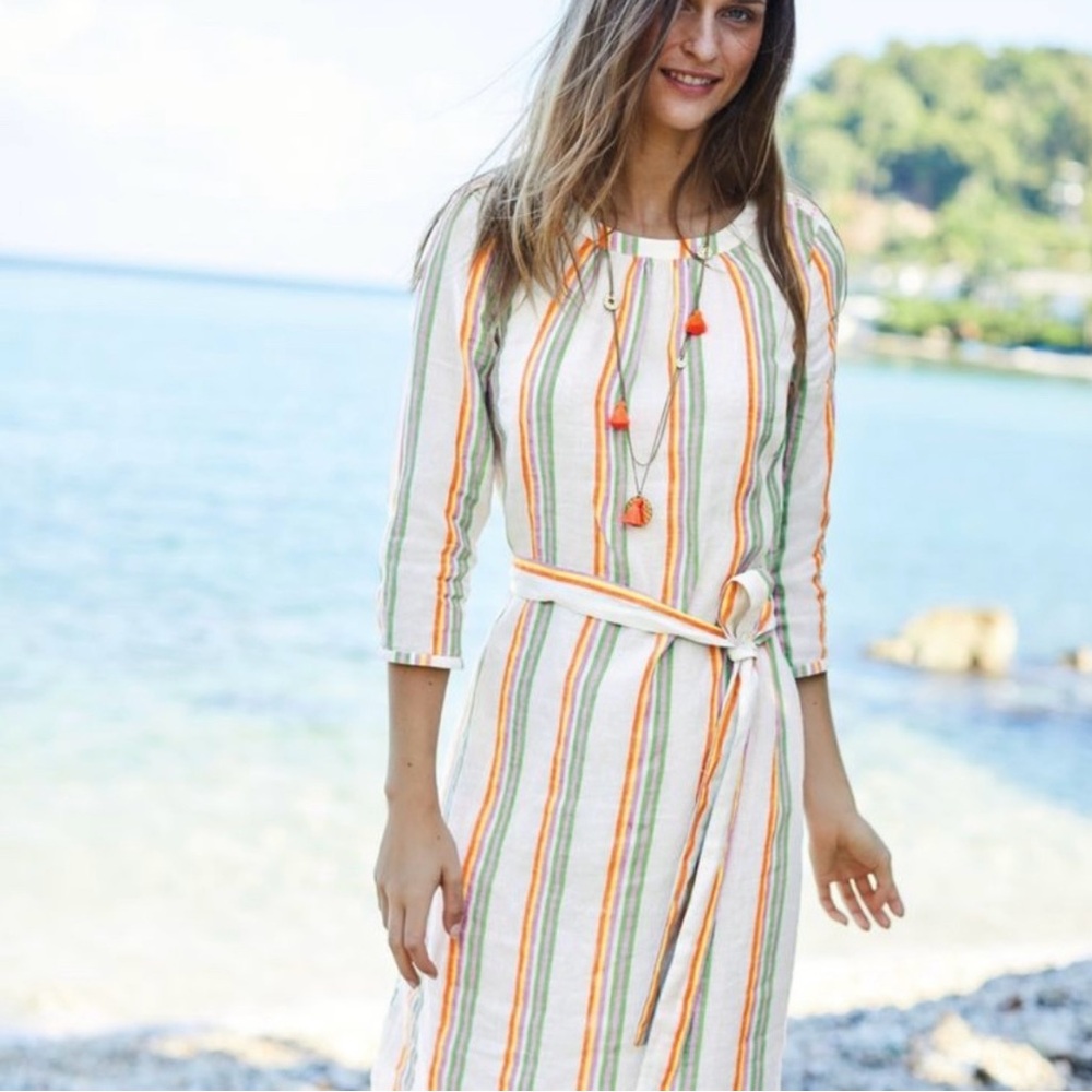 Boden Striped Midi Dress in White with Orange and Green Stripes